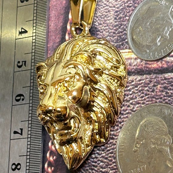 Large Huge Bold Yellow Gold Plated Stainless Steel Lion Pendant Courage Symbol - Picture 4 of 9